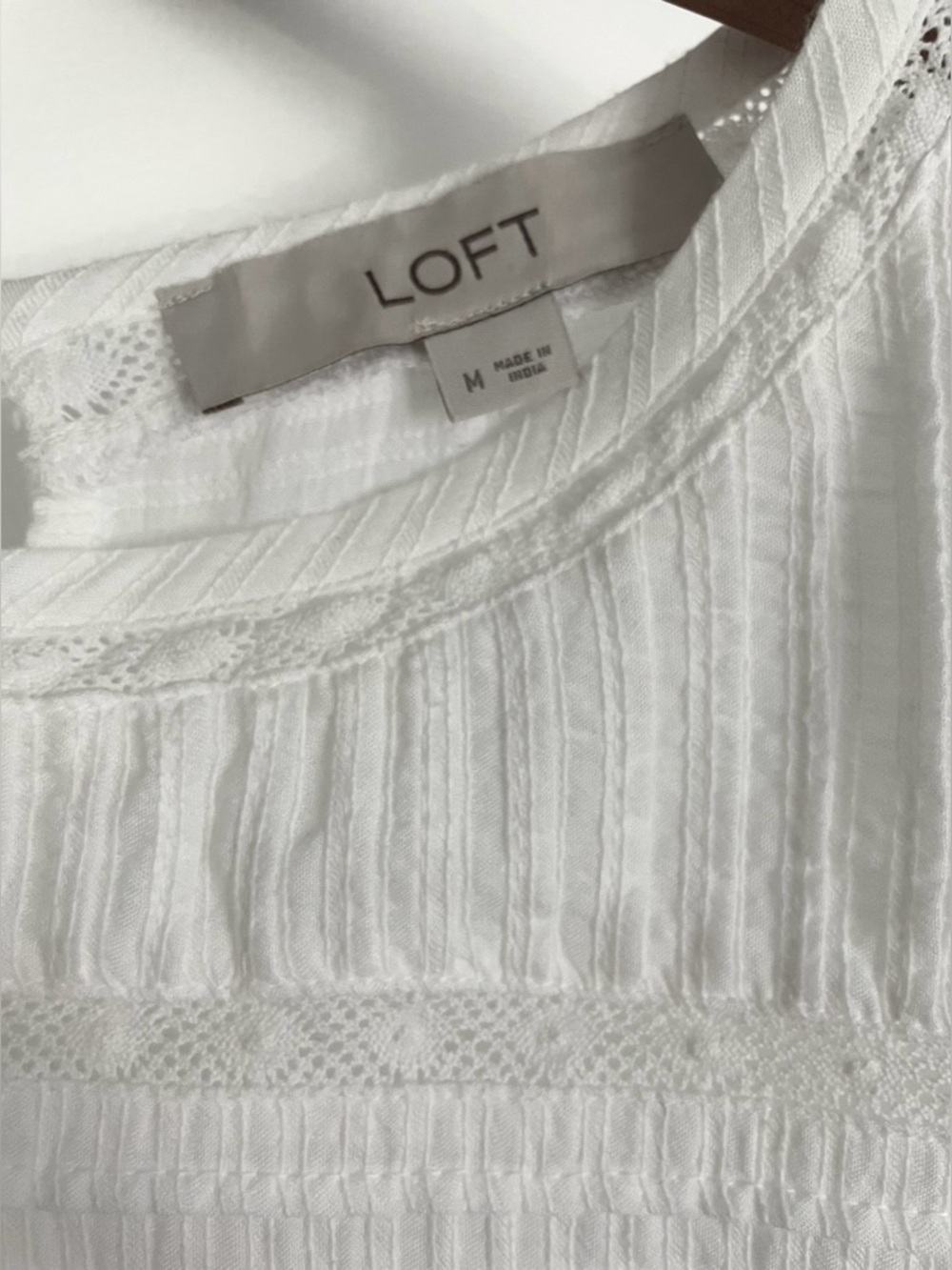 LOFT White Puff Short Sleeve Cotton Pleated Lace Insert Top - Picture 2 of 9